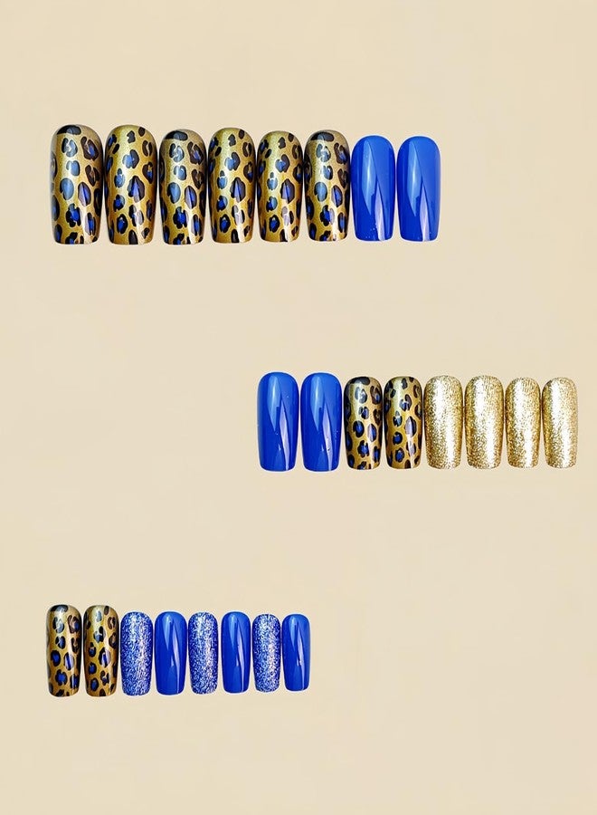HJKDSFD Medium Press on Nails Dark Blue Square Fake Nails Glossy Glitter False Nails Gold Leopard Print Acrylic Nails Press on Cute Full Cover Reusable Glue on Nail for Women Girls 24Pcs - Image 4